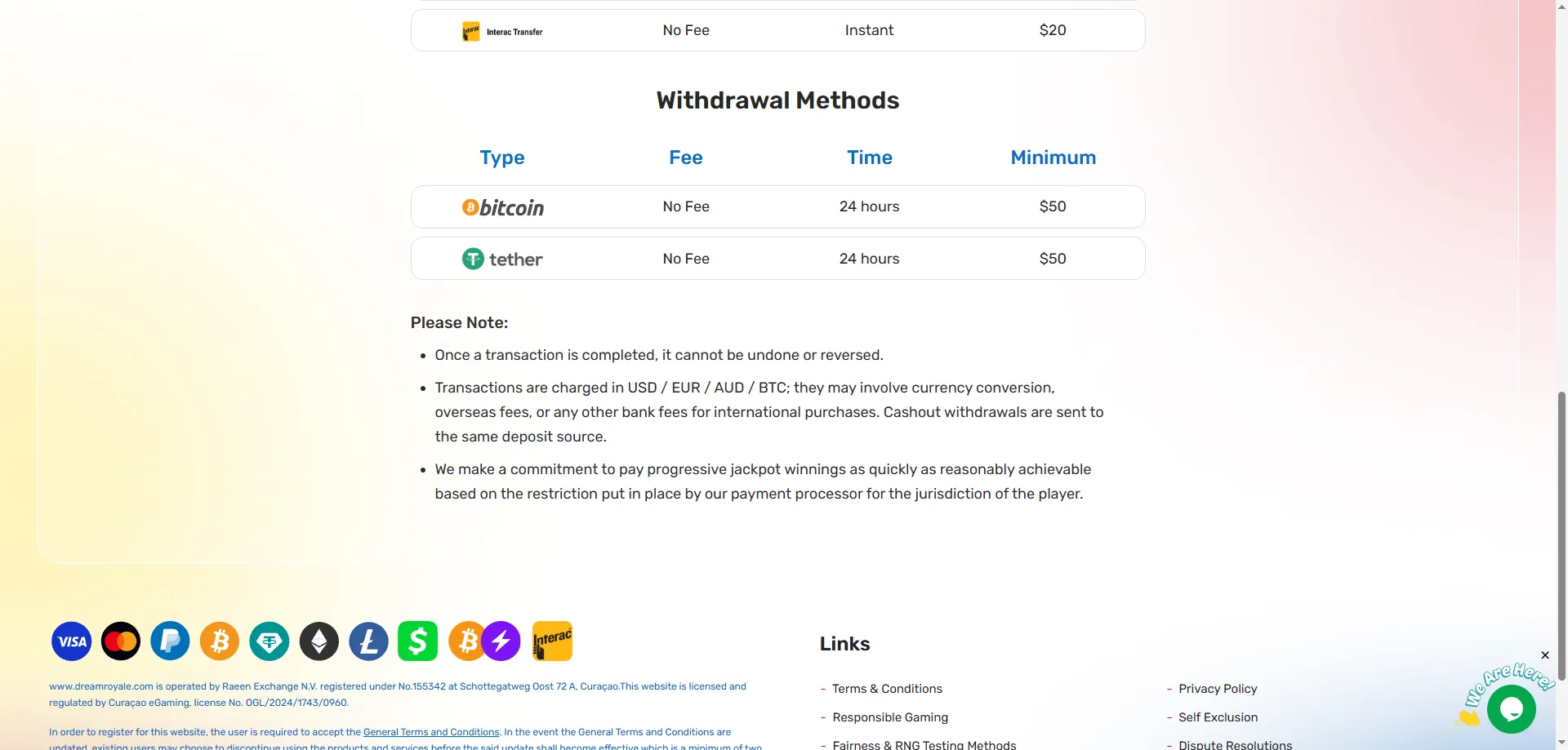 Dream Royale Casino deposit methods including crypto and PayPal