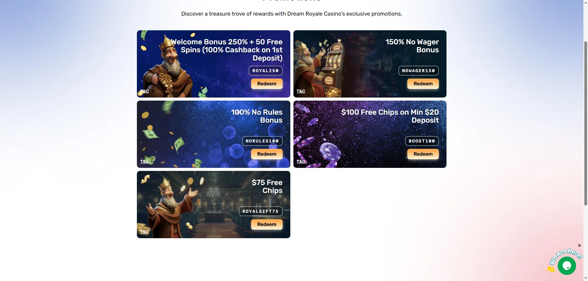 Dream Royale Casino bonus promotions including free chips and cashback